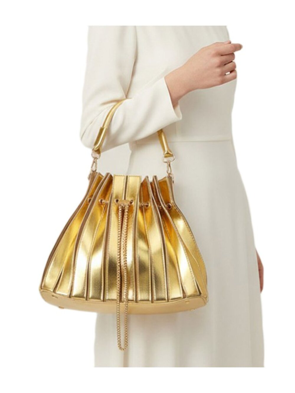 Tigerstars Gold Pleated Drawstring Bucket Crossbody Handbag